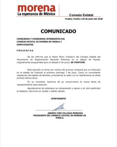 Morena Puebla aplaza Consejo Estatal por elecciones en Coahuila