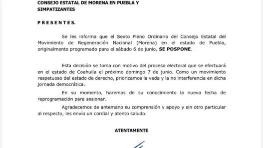 Morena Puebla aplaza Consejo Estatal por elecciones en Coahuila