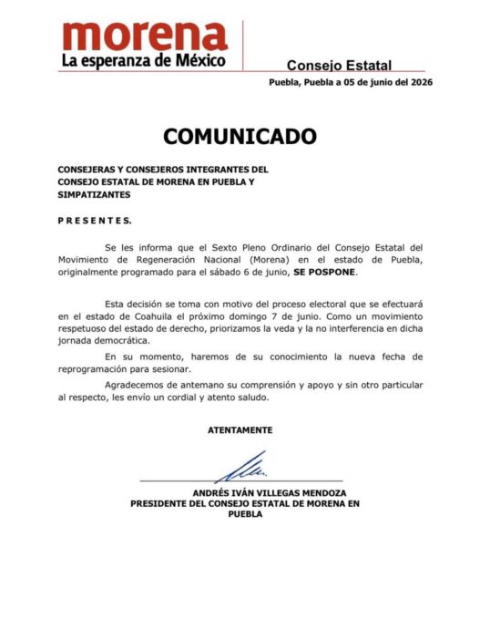 Morena Puebla aplaza Consejo Estatal por elecciones en Coahuila