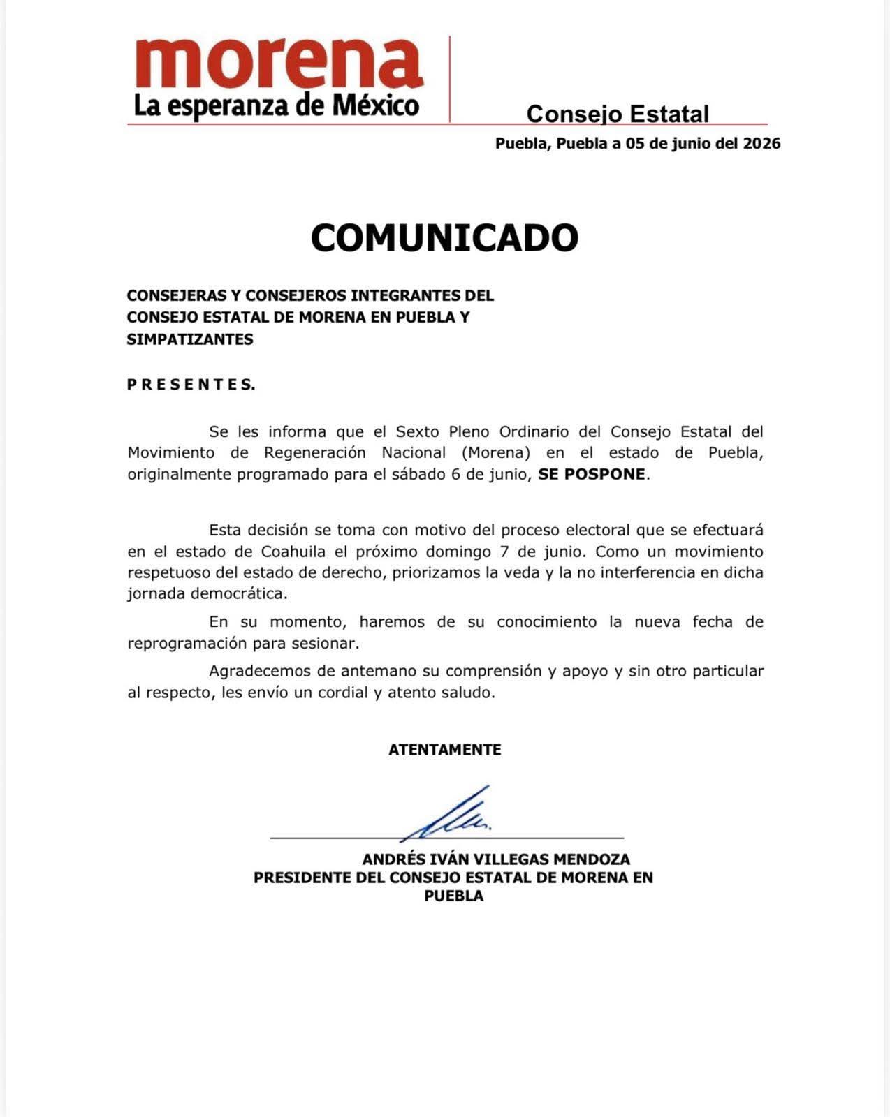 Morena Puebla aplaza Consejo Estatal por elecciones en Coahuila