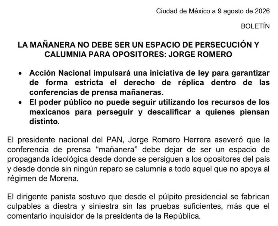 PAN impulsa derecho de réplica en mañaneras de Sheinbaum